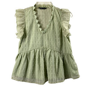 Womens Babydoll Top Sz Small Green Swiss Dot Blouse Lined Front Sheer Back Fairy